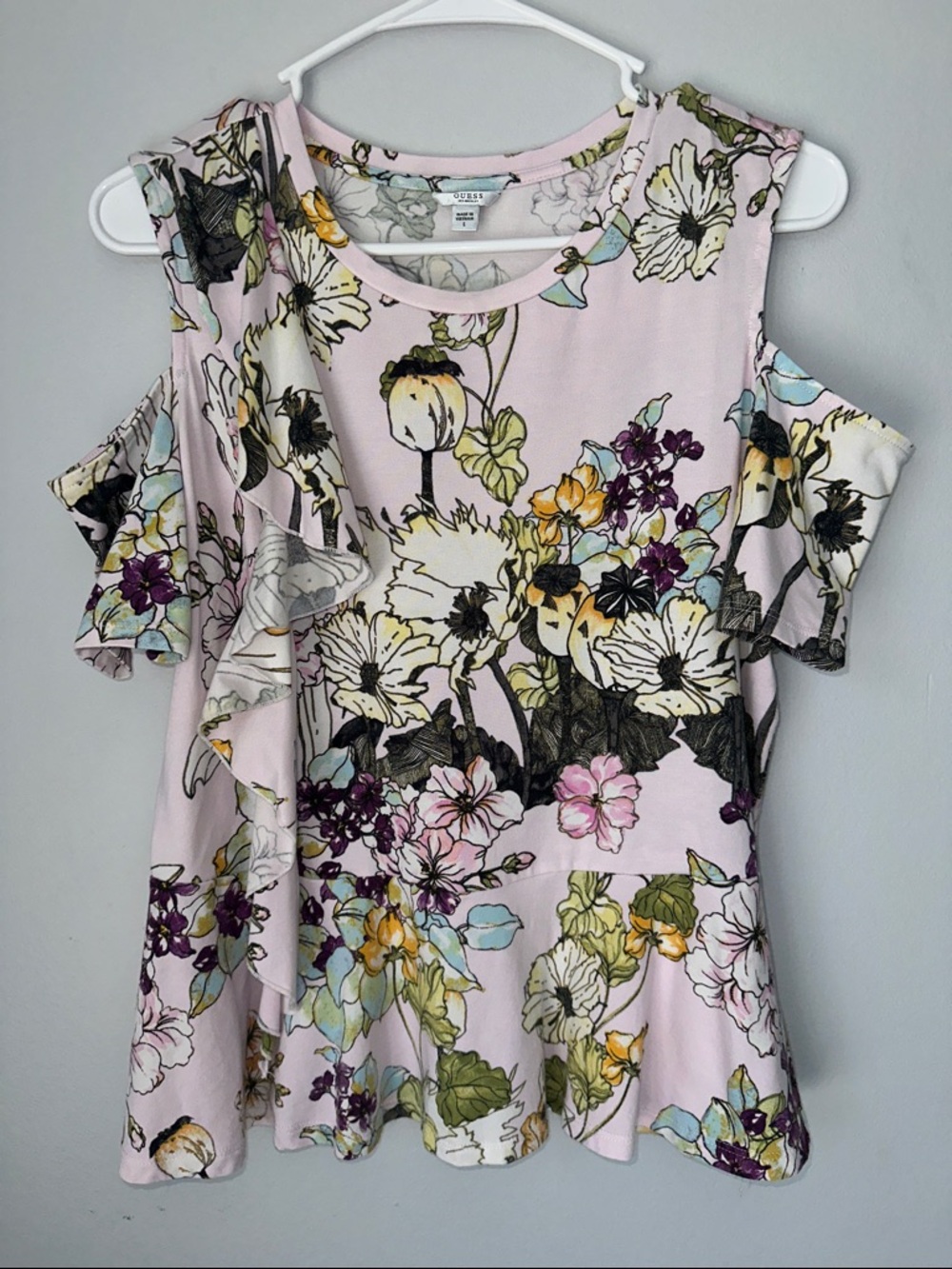 Guess Light Pink Floral Cold-Shoulder Ruffle Blouse